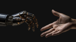 Robotic hand reaching toward human hand symbolizing AI and human collaboration in research and productivity