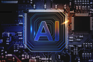 Close-up of a microchip with glowing AI text on a circuit board, representing artificial intelligence processing and advanced computing technology.