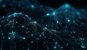 Abstract digital network with glowing nodes and connected lines forming a wave pattern, representing artificial intelligence and data flow.
