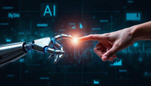A human hand and a robotic hand touching fingertips with a glowing light, symbolizing the connection between artificial intelligence and humans.
